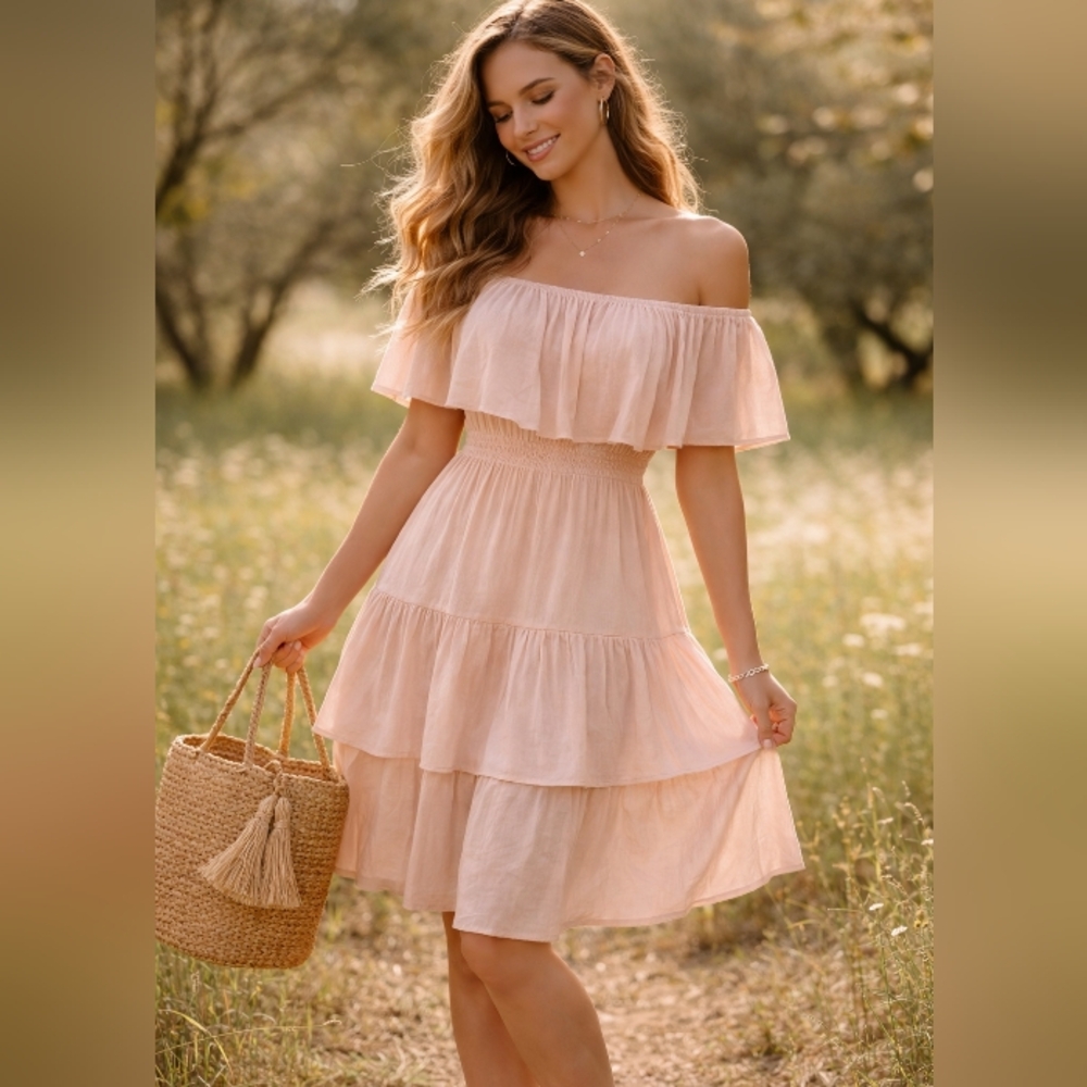 Pink Boho Off‑The‑Shoulder Dress • Small • Festival • Summer • Flowy